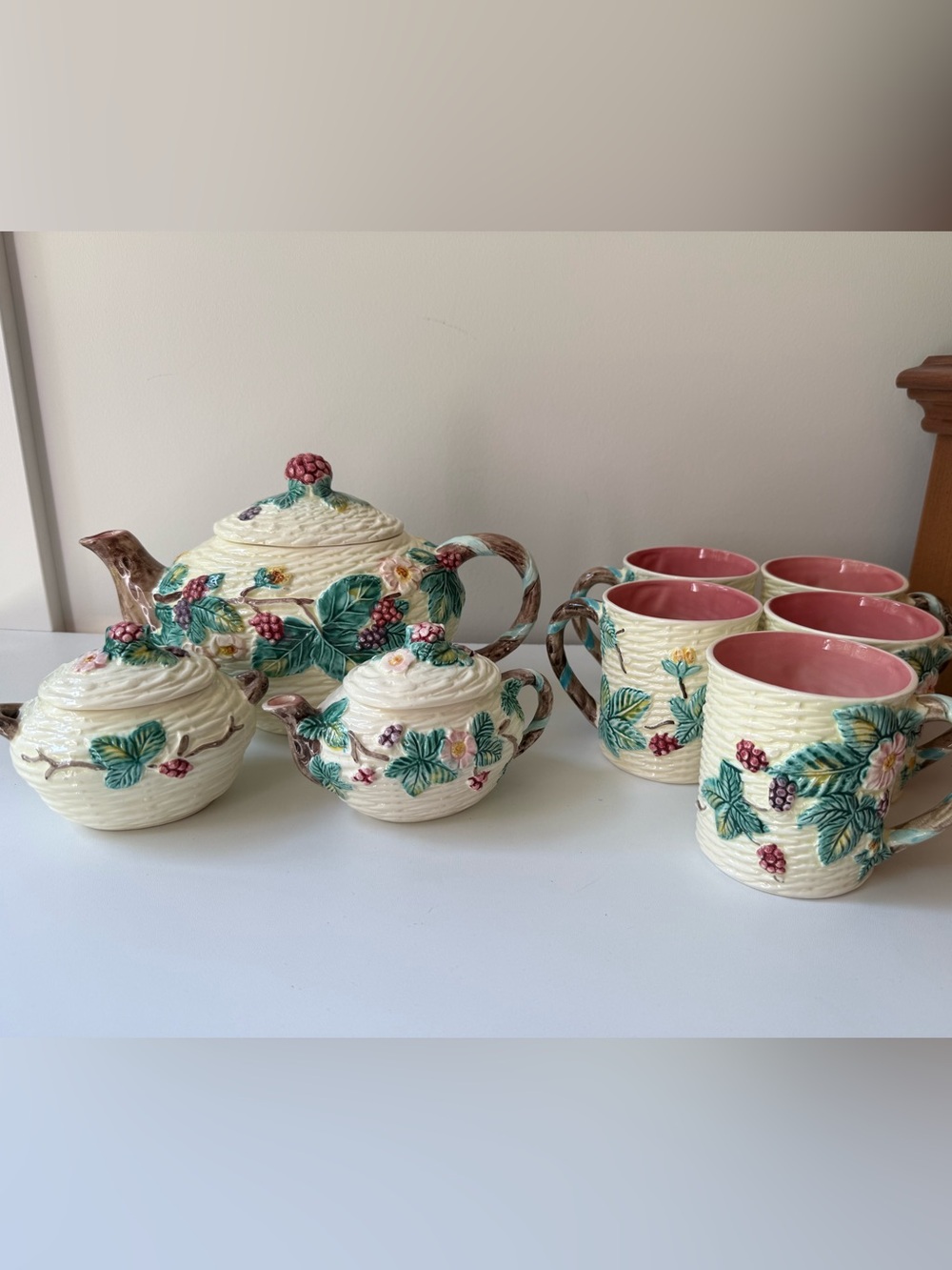 Handcrafted Ceramic Teapot and Mug Set in Cream with Pink Interiors